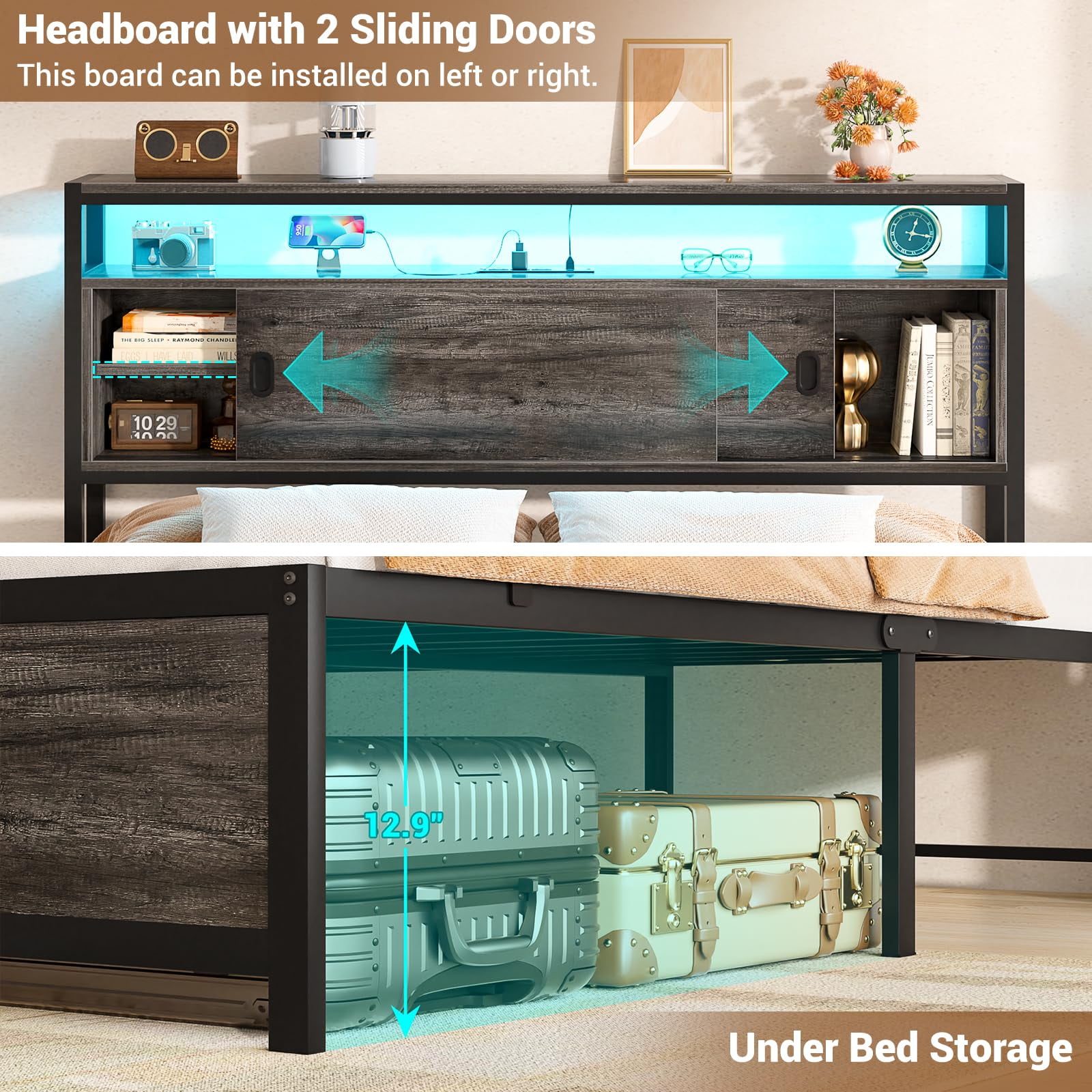 Aheaplus Full Size Bed Frame - Storage Headboard Bed with Sliding Doors, LED Lights & USB Charging Station, Metal Platform Bed Frame, No Box Spring Needed,Gray Oak