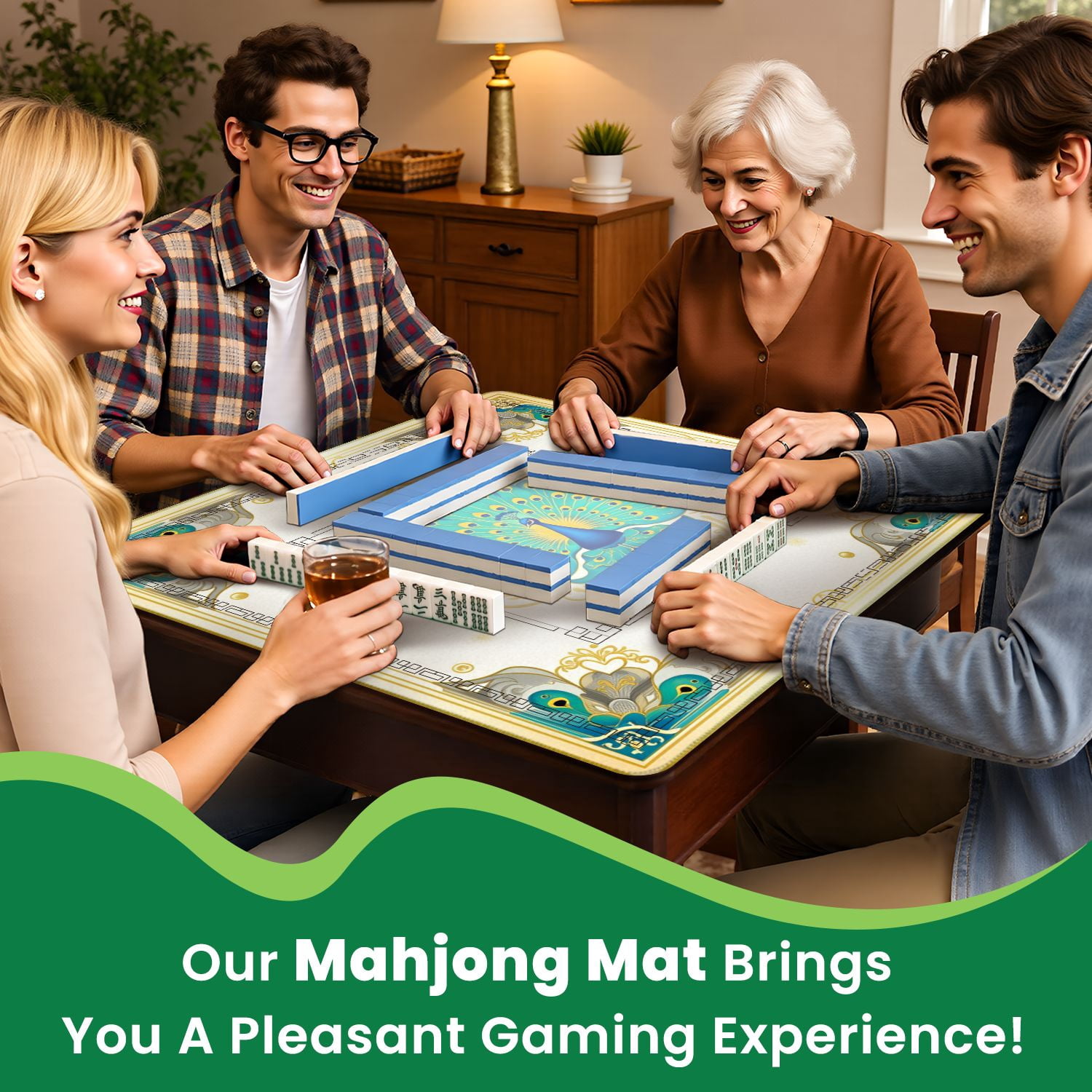 Mahjong Mat 31.5" x 31.5" Elegant Peacock Vibrant Blue Green Feathers Ornate Gold Frame Non-Slip Noise Reduction American Mahjong Tiles Table Cover for Dominoes Poker Card Board Games Gift