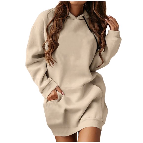 RKSTN Womens Sweatshirt Dress Casual Long-sleeve Drawstring Pullover Hoodie Dress Solid Color Kangaroo Pockets Fall Dresses for Women 2023