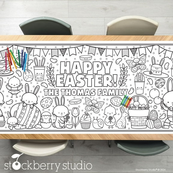 Personalized Easter Coloring Tablecloth - Giant Bunny & Chick Spring Party Activity Poster, Kids Birthday Decoration & Table Runner