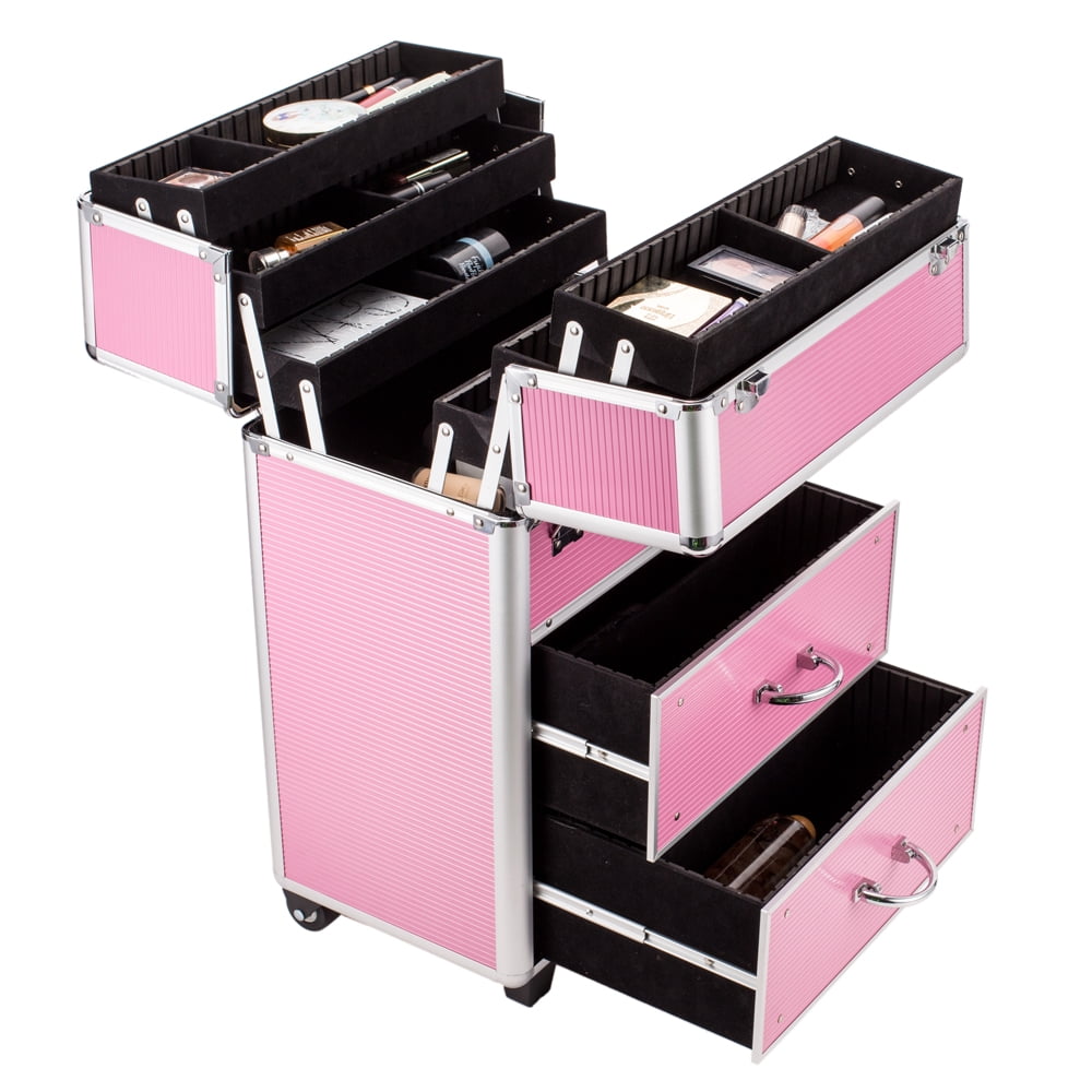 4 Tier Lockable Cosmetic Makeup Train Case with Extendable Trays, Pink