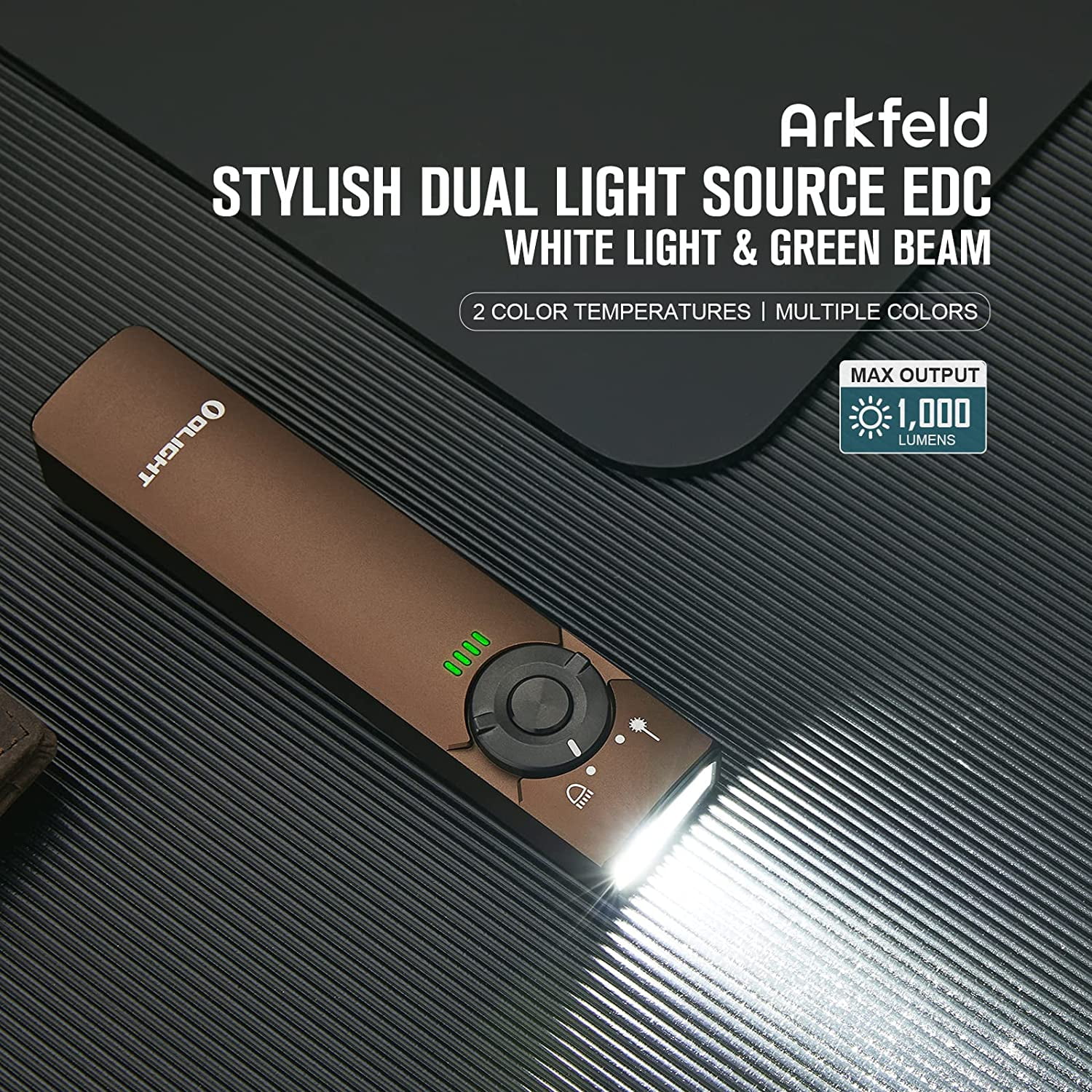 OLIGHT Arkfeld EDC Flat Flashlight, 1000 Lumens White LED Light with Green Beam Combo, Power by Rechargeable Built-in Battery for Outdoors, Emergency, Work (Desert Tan)