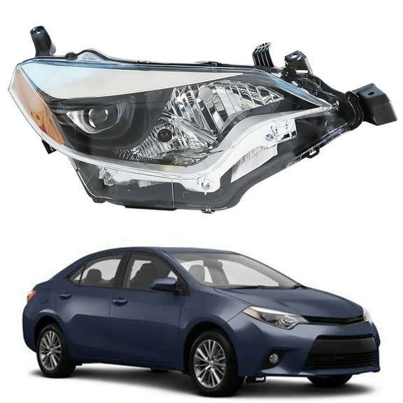 Headlights Assembly Black Chrome Halogen Headlamp Housing Fit for 2014 2015 2016 Toyota Corolla, Front Right (Passenger Side)