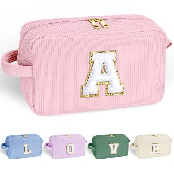 Yoolife Initial Travel Cosmetic Bag for Women Girls, Small Makeup Bags Set for Her, Personalized Birthday Gifts for Women, Travel Essentials, Pink, A