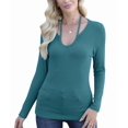 thumbnail image 3 of Womens Fall Clothes Long Sleeve Shirts Halter U Neck Ribbed Knit Slim Fitted Basic Casual Tops Green L, 3 of 9