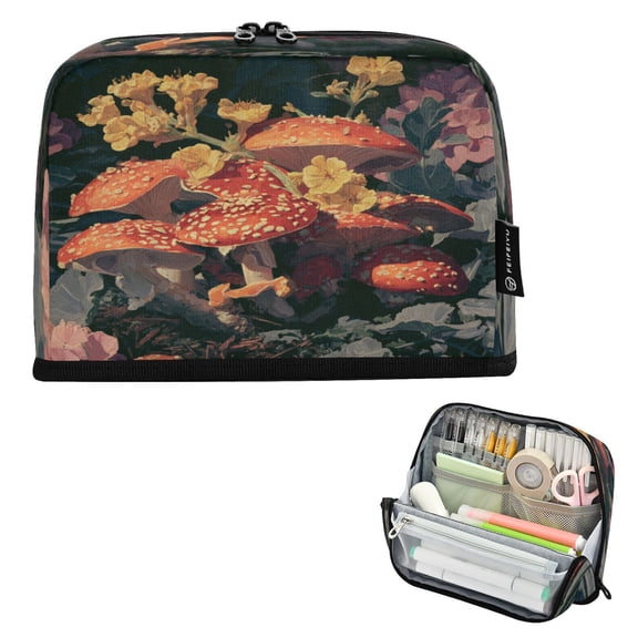 Pencil Bag with Magnetic Foldable Base Large Capacity Stand-Up Pencil Case Durable Nylon Pen Pouch A Cluster Of Mushrooms