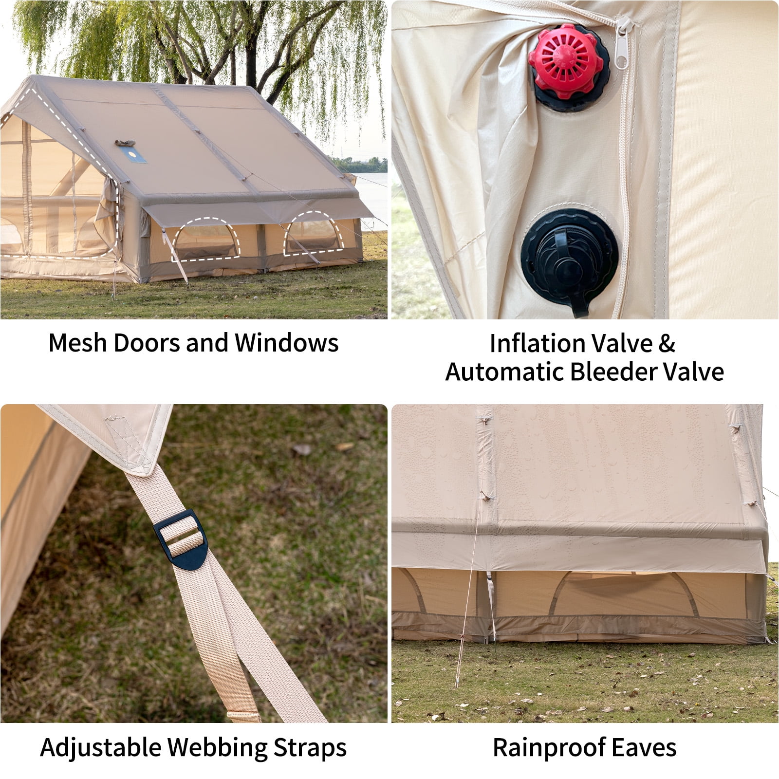 Waldmate Inflatable Camping Tent for 6-8 Person, Glamping Tent with Stove Jack Hand Pump, Oxford Waterproof Blow up Tent with Mesh Windows & Door