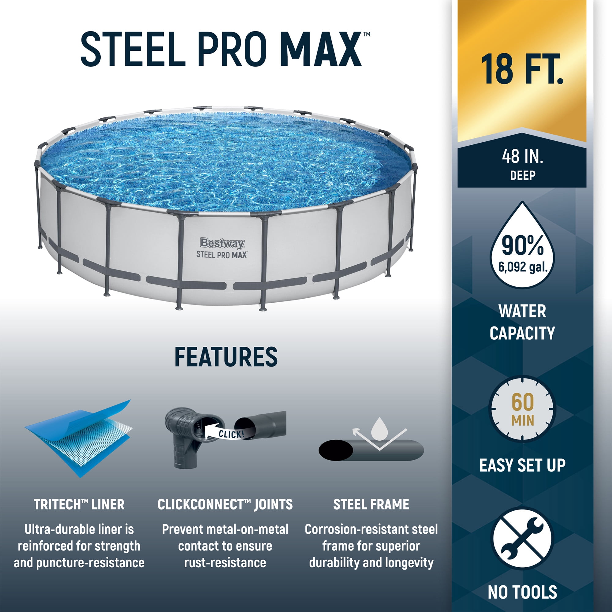Bestway Round Steel Frame Above Ground Pool w/ Cleaning Tools, 18Ft x 48In