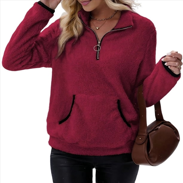 Sudadera Informal de con Cremallera de un Cuarto para Mujer, Larga, Ligera, Suave y Afelpada, con Bolsillos. Vino Tinto L