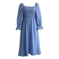 thumbnail image 4 of Beach Dresses for Women Long Bell Sleeve Smocked Solid Color Midi Dress Square Neck Casual Loose Swing Sundress, 4 of 7