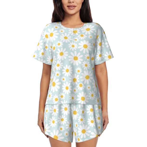 Balery Daisies Flowers Conjunto de Pijama para Mujer con Estampado, Dos Piezas de Manga Corta y Shorts, Ropa de Dormir Suave con Cuello Redondo y Bolsillos-XX-Large