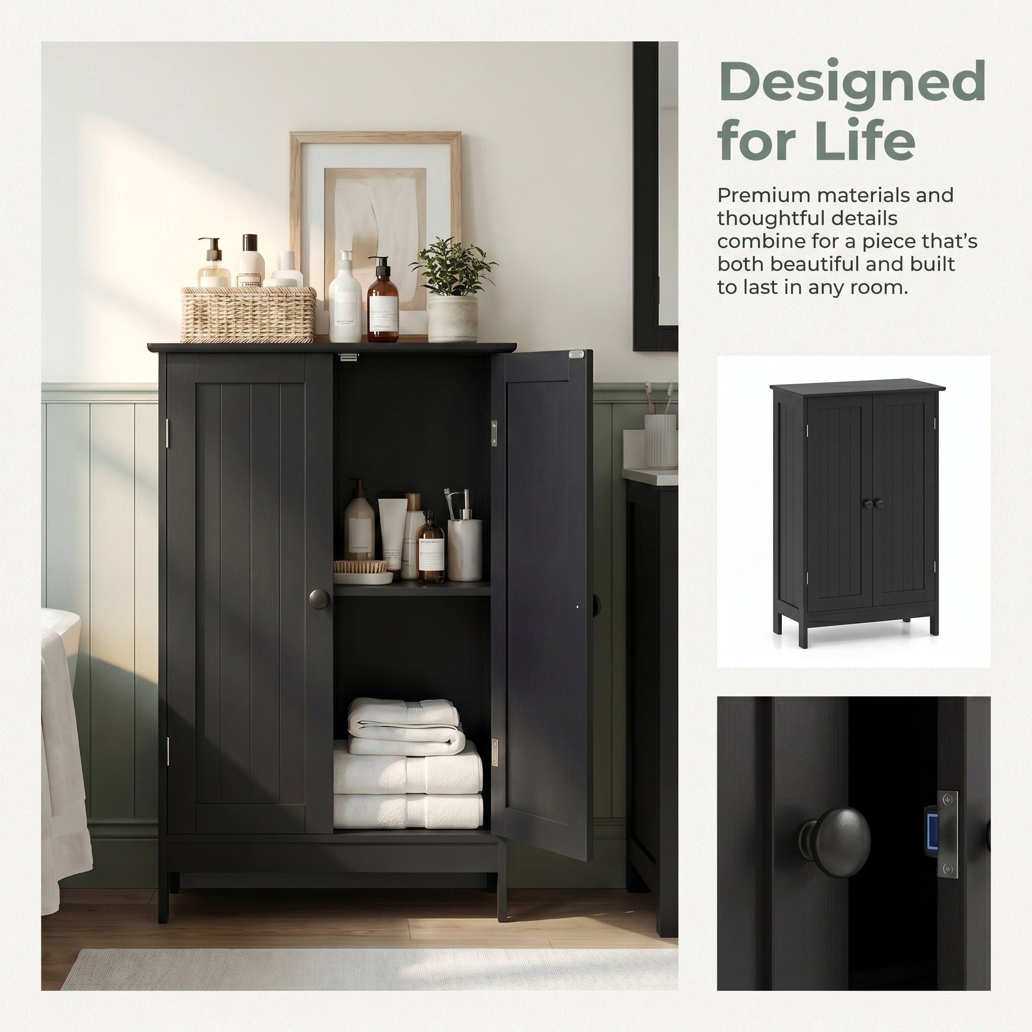 Kadyn Bathroom Cabinet, Storage Cabinet, Bathroom Storage Unit,2-Door Freee-Standing Bathroom Cabinet with Shelf-Black