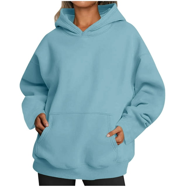 RXIRUCGD Womens Oversized Hoodies Fleece Sweatshirts Long Sleeve Sweaters Pullover Fall Outfits With Pocket, Light Blue, Size: XL
