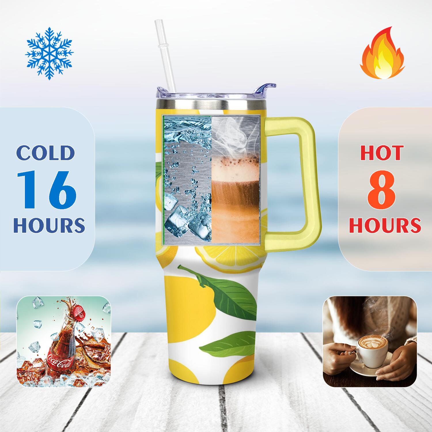 40 oz Lemon Tumbler with Handle Vacuum Insulated Travel Mug Gift for Women Men