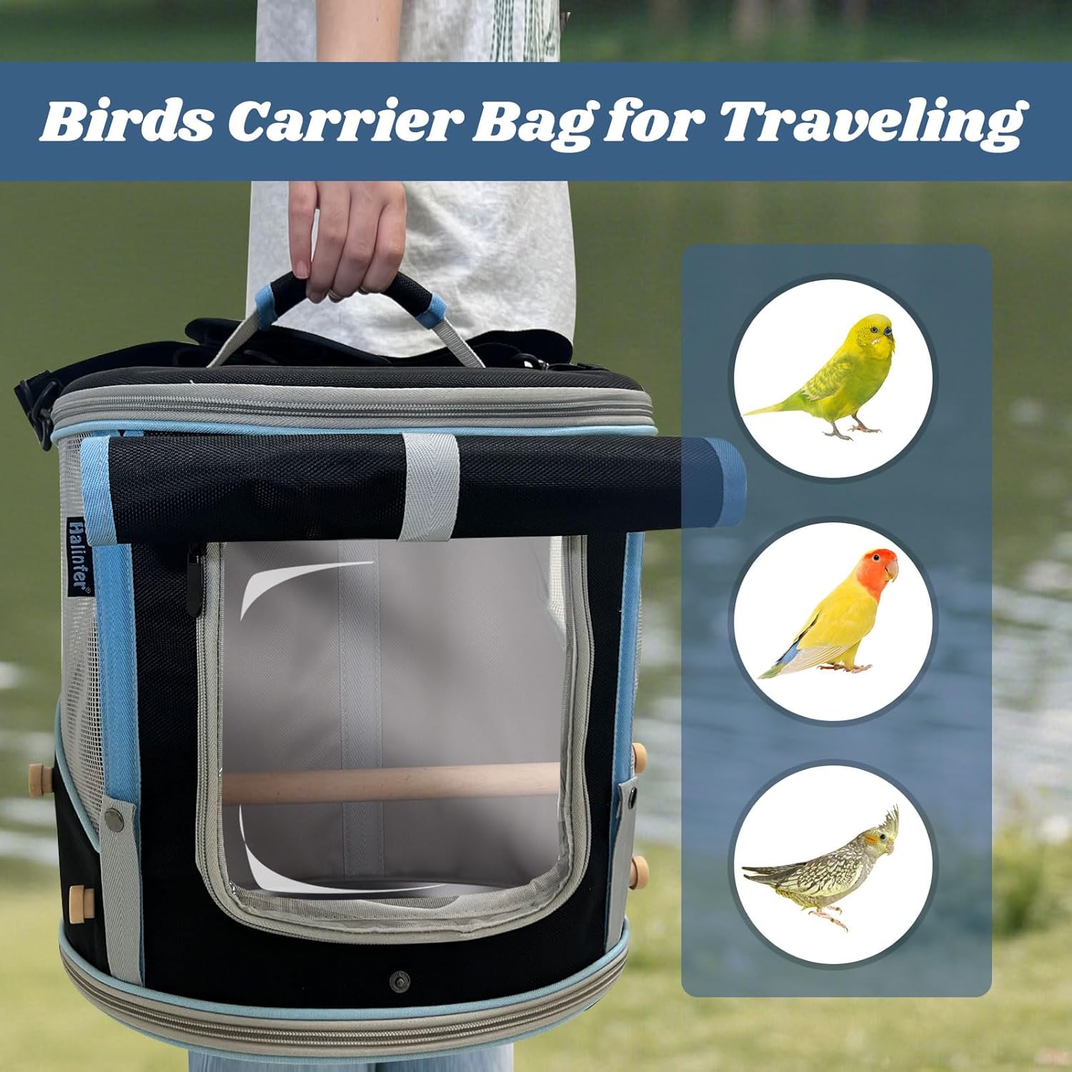 Small to Medium Birds Carrier Cage, Portable Handle Carrying Cylindrical Bird House with Metal Tray and Two (2) Wooden Stand Perch, Front Shade with Clear View