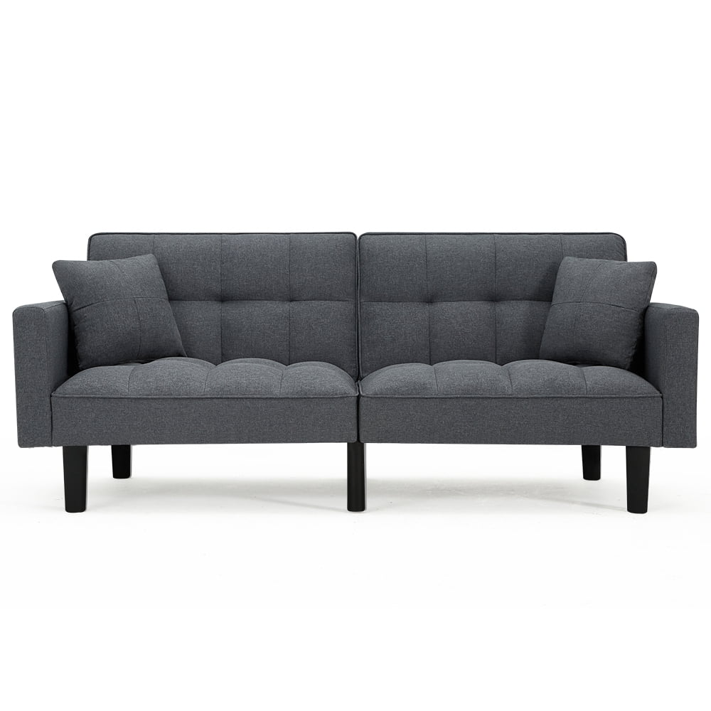 AVAWING Modern Upholstered Sofa Bed, Convertible Sectional Sofa, Upholstered Futon Linen Tufted Couch w/ 2 Pillows, Apartment, Gray