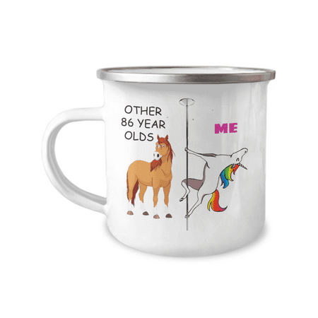 86th Birthday Unicorn Camper Coffee Mug - Other 86 Year Olds Me Unicorn Coffee Mug -12 Oz Stainless Steel Enamel Finish White Camper Coffee Mug