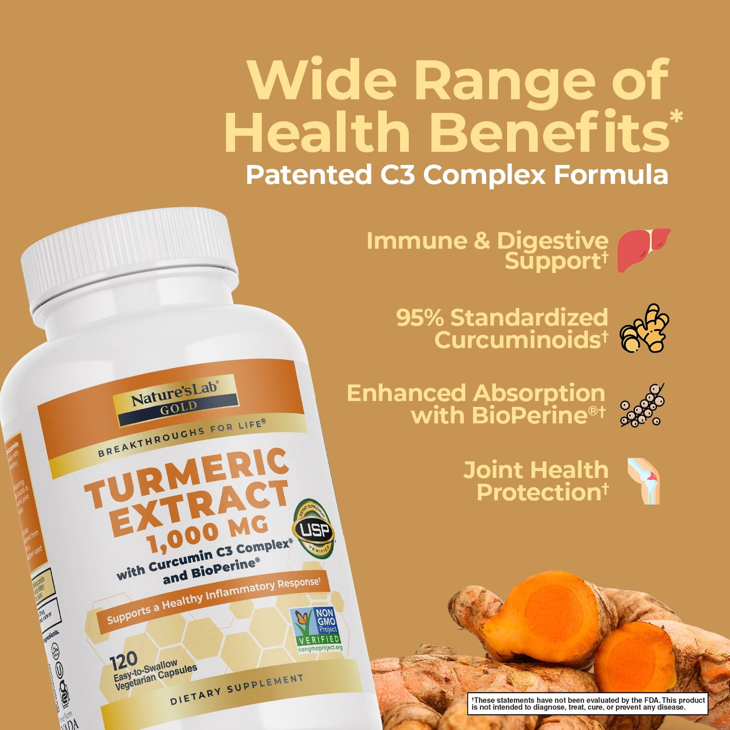 Nature's Lab Turmeric Curcumin C3 Complex 1000mg - 120 Capsules (60 Day Supply) - Turmeric Extract 1000mg & BioPerine 5mg Standardized to 95%, Promotes Cardiovascular, Immune, Joint, Skin Health*