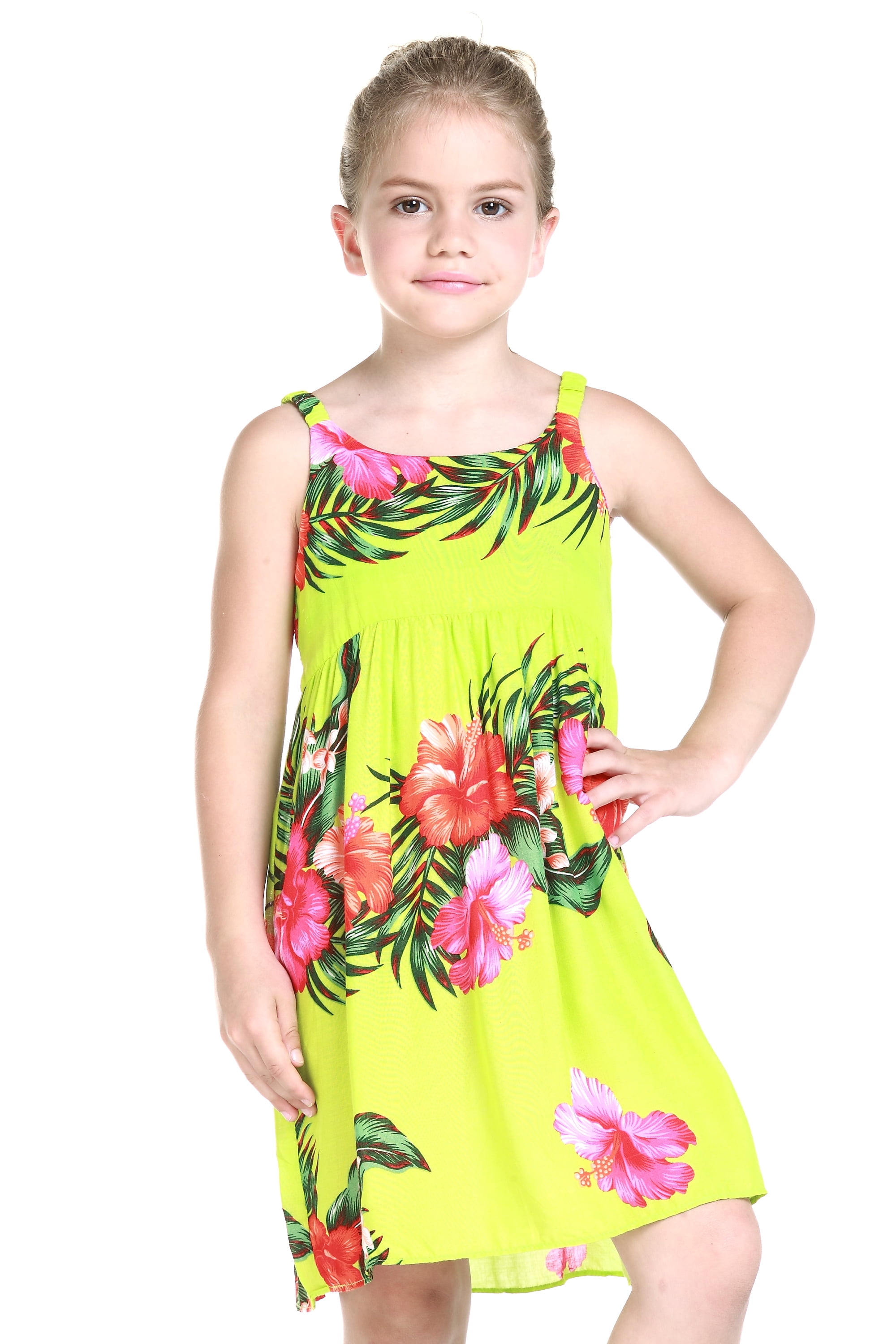 Girl Luau Dress Hawaiian Dress Elastic Strap Dress in Lime Green with ...