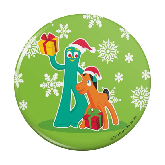 Gumby and Pokey Exchanging Gifts For Christmas Pinback Button Pin