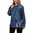 thumbnail image 4 of INSPIRE CHIC Women's Oversized Denim Frayed Hem Long Sleeve Button Up with Pockets Jean Jacket S Blue, 4 of 6