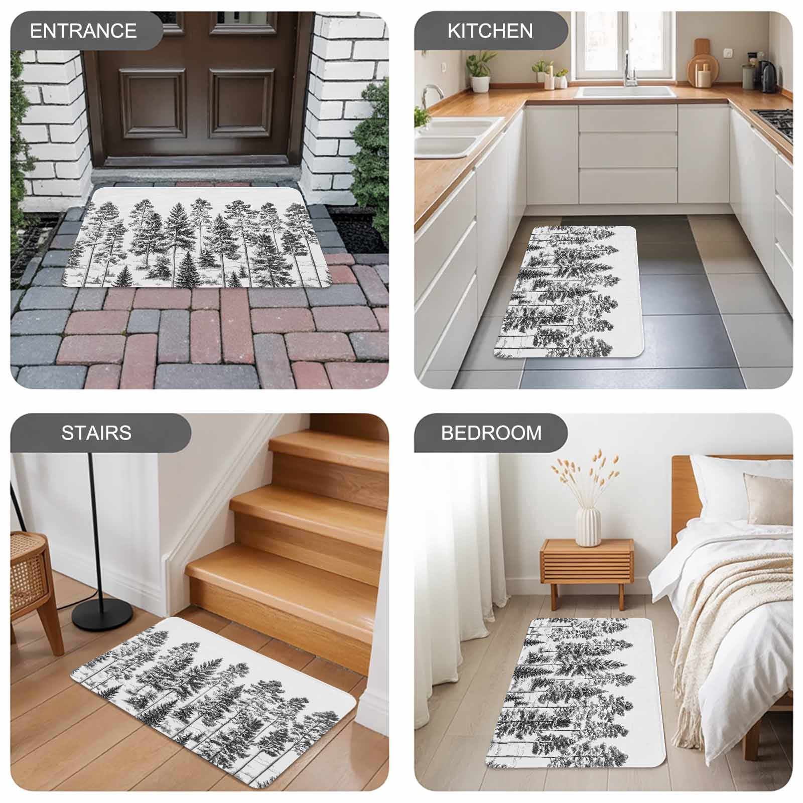 Black Pine Tree Doormat Outdoor Entrance 24"x36", Vintage Watercolor Botanical Absorb Moisture Dirt Door Mats, Non-Slip Rubber Backing Floor Mats Indoor, Low-Profile Front Door Rugs
