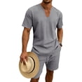 thumbnail image 2 of BLTIBY Mens Summer Linen 2 Piece Outfits V Neck Short Sleeve T-Shirts and Drawstring Shorts Casual Loose Beach Loungewear with Pockets Dark Gray L, 2 of 9