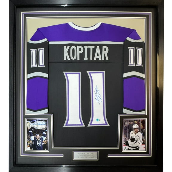 Framed Autographed/Signed Anze Kopitar 35x39 Los Angeles LA Black Hockey Jersey Beckett BAS COA #2