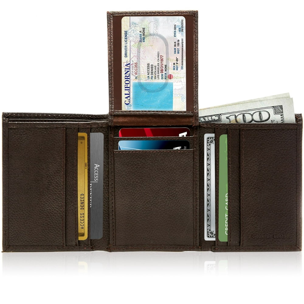 Access Denied Genuine Leather Trifold Wallets For Men Mens Wallet With 2 FlipUp ID Windows