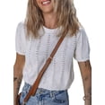 thumbnail image 3 of Women'S Pointelle Knit Short Puff Sleeve Crewneck Sweater - Casual and Stylish White S, 3 of 9
