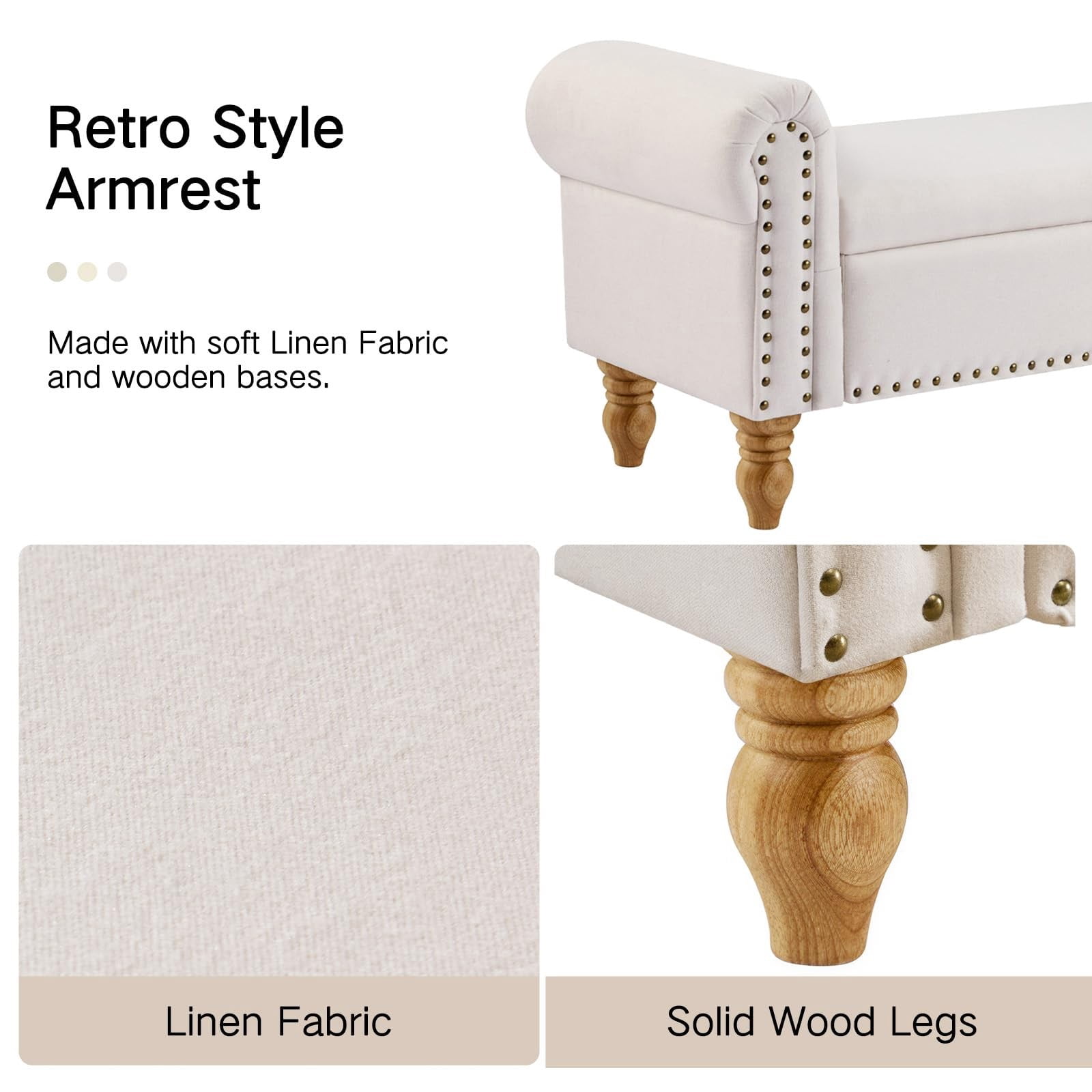 51.5" Storage Ottoman Bench for End of Bed, Upholstered Bedroom Bench with Hidden Storage, Rolled Arm Linen Bench for Entryway Living Room, Beige