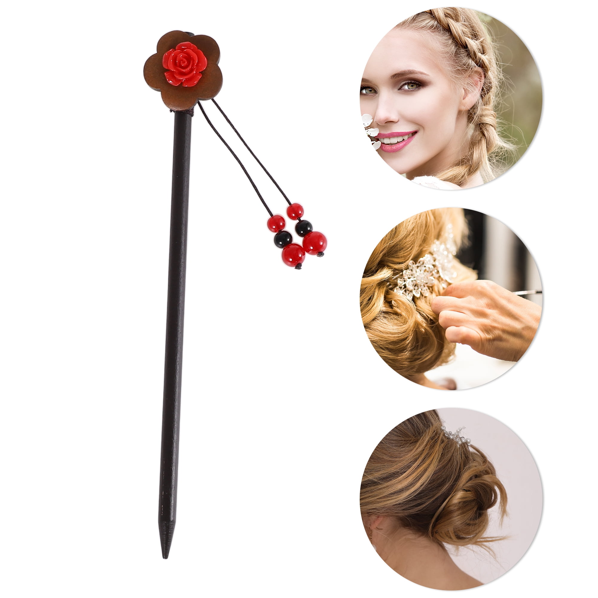Unique Bargains Hair Chopstick for Women Black Red 1 Pc [Flowers]