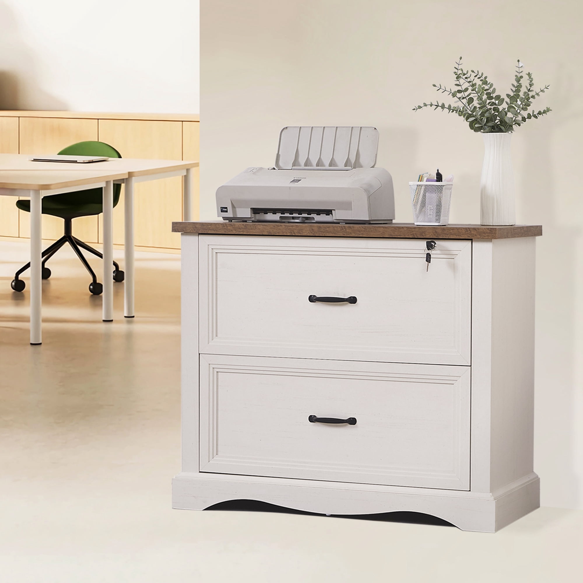 Haooyeah 31.5" Farmhouse Filing Cabinet with Locking Drawer, 2 Drawer File Organizer with Adjustable Rails for A4/Letter/Legal, Large Office Storage, Antique White