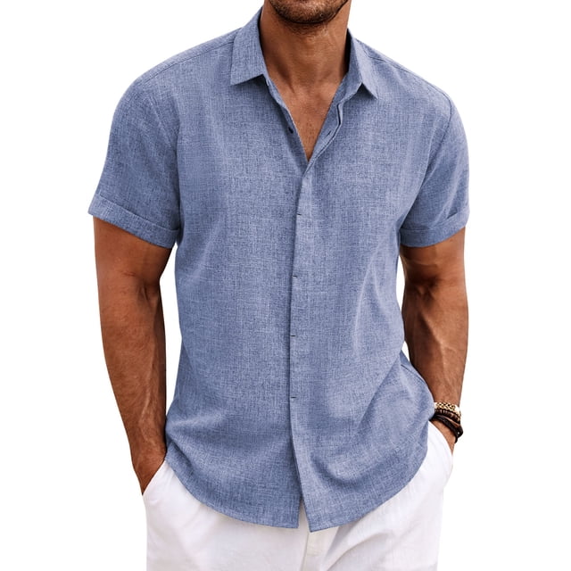 Camisa COOFANDY de lino, manga corta, casual, azul