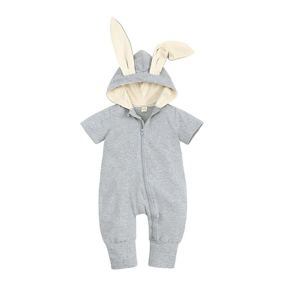 Odeerbi Baby Bodysuit Layette for Toddler Newborn Rabbit Ears Hooded Short-sleeved Trousers Romper Jumpsuit Gray