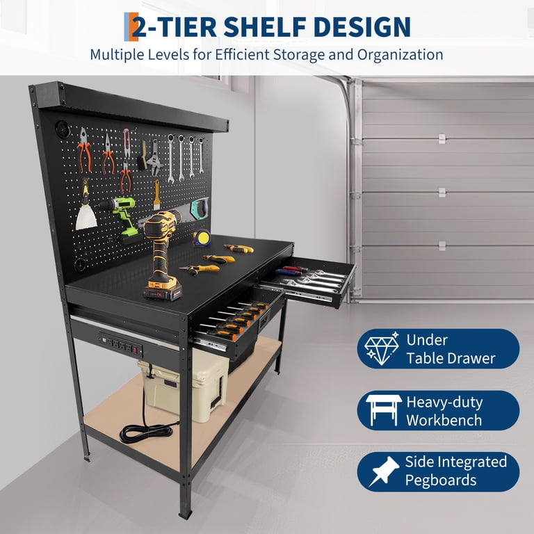 Garvee Garage Workbench, 2-Tier Heavy Duty Work Bench with Drawers