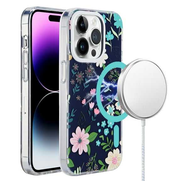 Designed for Apple iPhone 15 Pro Max (6.7") Fashion IMD Design Pattern Design Hybrid Thick with Magnetic Circle MagSafe Compatible Phone Case Cover [Galaxy Floral]