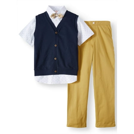 - Boys' Dressy Set With Knit Vest, Short Sleeve Printed Shirt, Bow Tie and Twill Pull-On Pants, 4-Piece Outfit Set