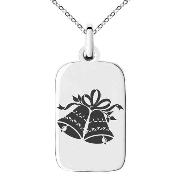 Stainless Steel Festive Christmas Bells and Holly Engraved Small Rectangle Dog Tag Charm Pendant Necklace