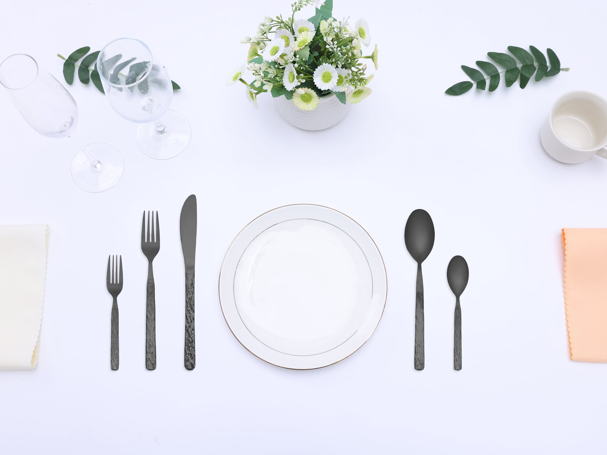 Unique Bargains Stainless Steel Mirror Polished Flatware Set for Kitchen Black 30pcs