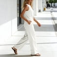 thumbnail image 4 of Two Piece Sets for Women Cotton Linen Summer Casual Outfits Fashion Solid Color Crew Neck Sleeveless Tops Wide Leg Pants with Pockets Vacation Travel Outfits, 4 of 8