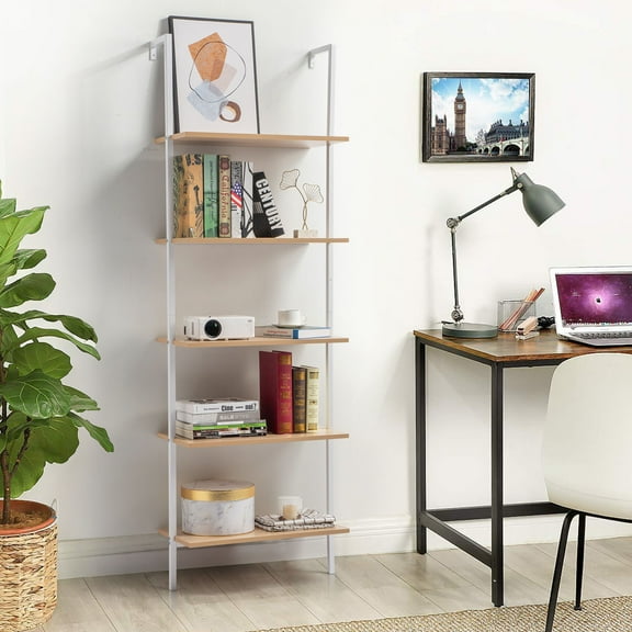 Ktaxon 5-shelf Wall Mounted Bookshelf, Industrial Wood Ladder Bookcase with Heavy Duty Metal Frame, Brown