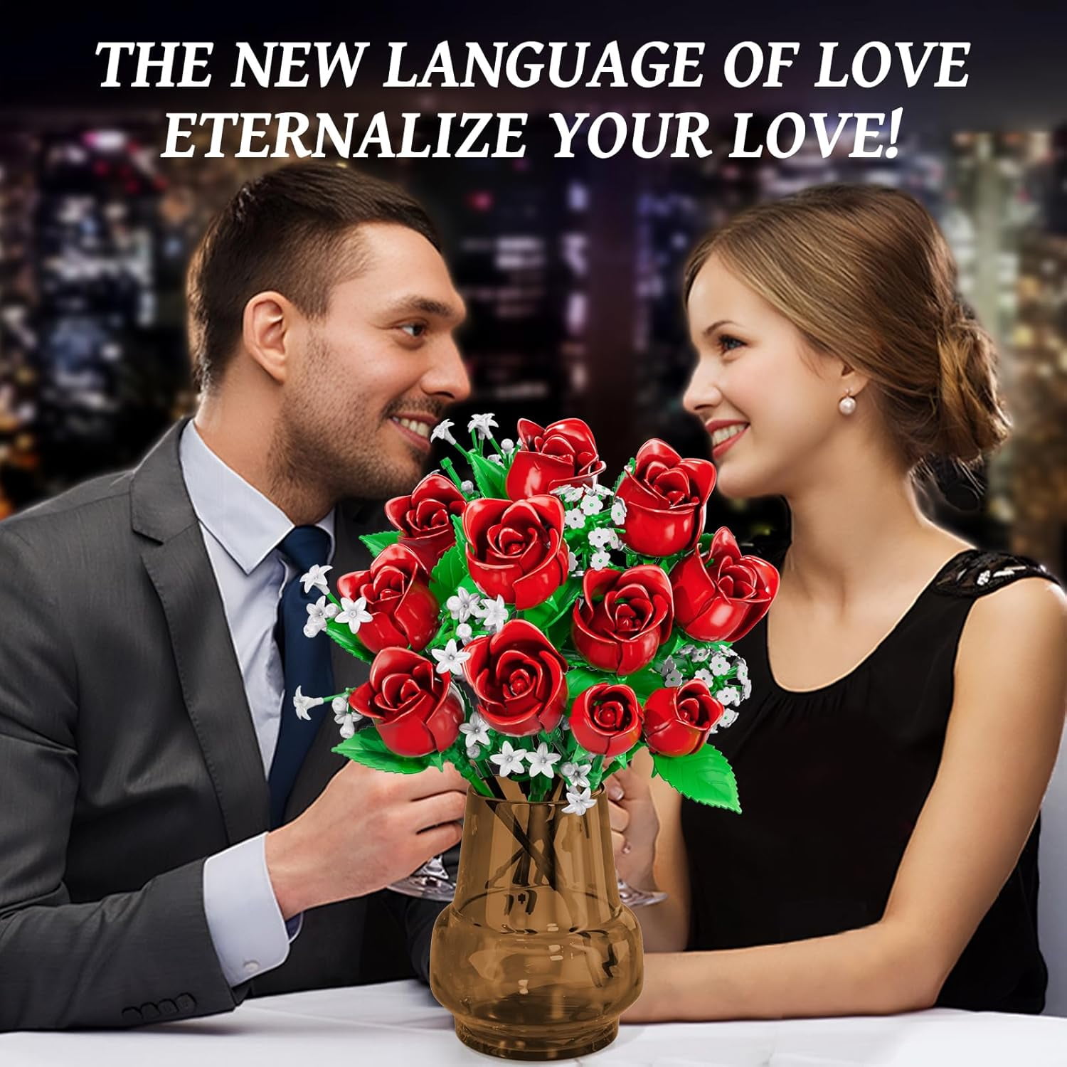 OKKIDY Red Rose Flowers Bouquet Building Kit, Compatible with Lego, 15 ABS Material Artificial Flowers, Forever Rose Toy Valentine's Day Gift for Women Girls Adults Kids 6+, No Vase
