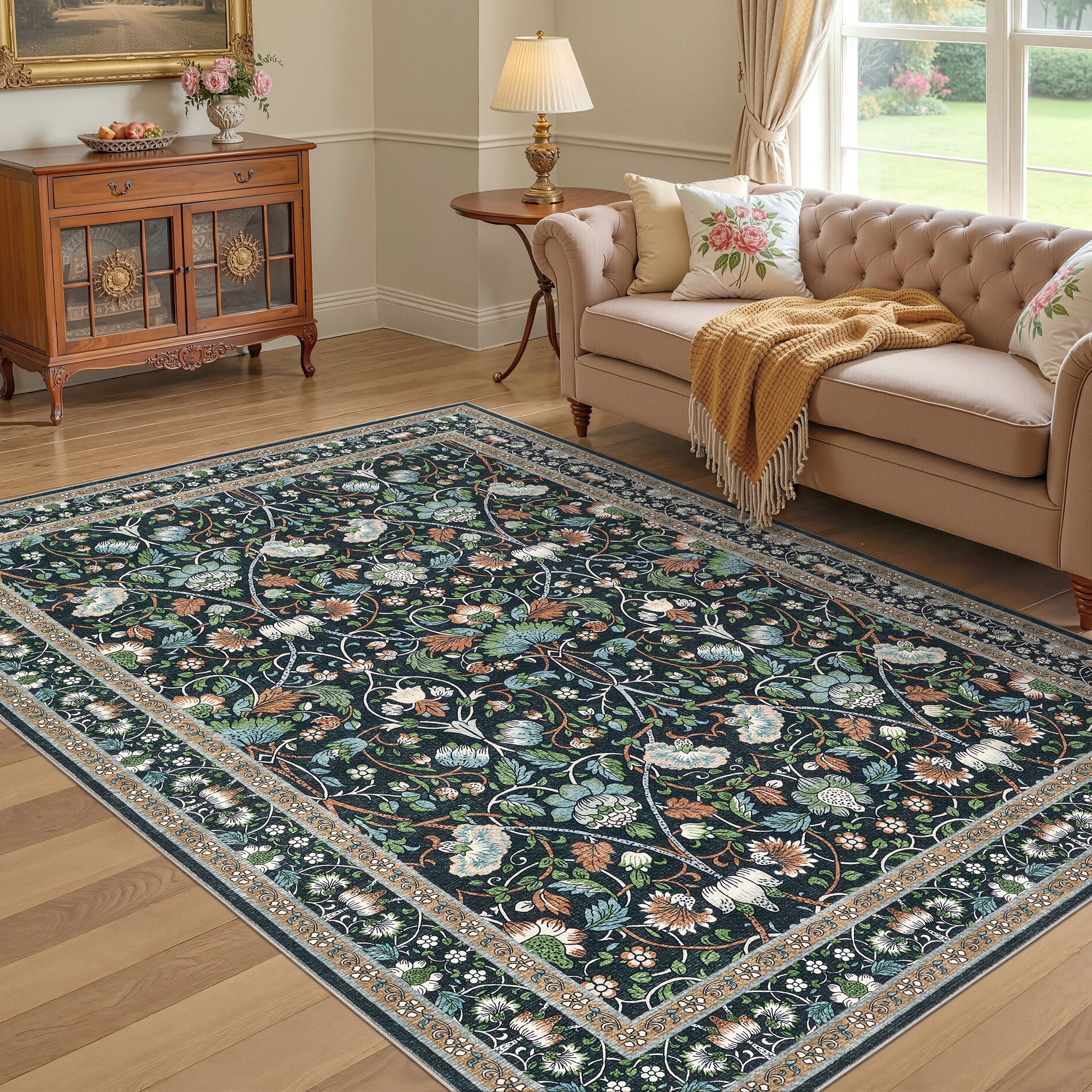 UERMEI 8x10 Large Area Rugs for Living Room, Indoor Washable Rug, Floral Area Rugs for Bedroom Home Office Decor Dining Room Carpets, Non Slip Low Pile - Black/Green/Brown