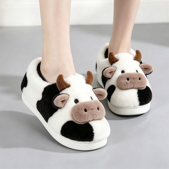 Adorable Animal Cow Plush House Shoes, Non Slip Closed Back Slippers, Skin Friendly Fabric for Holiday and Casual Indoor Use Black 28