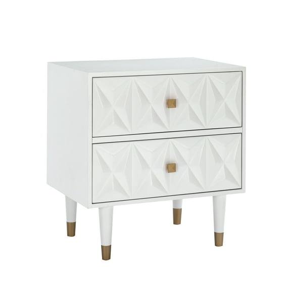 Linon Alick Wood Geo Texture 2 Drawer Nightstand Gold Hardware in Glossy White
