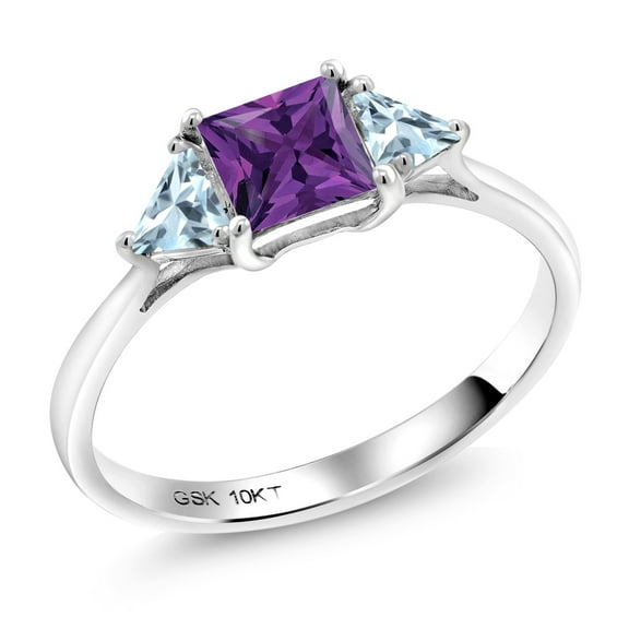 Gem Stone King 10K White Gold Purple Amethyst and Sky Blue Aquamarine 3-Stone Engagement Ring for Women | 0.99 Cttw | Princess Center 5MM | Trillion 3.5MM | Wedding Anniversary Promise Ring | Size 6