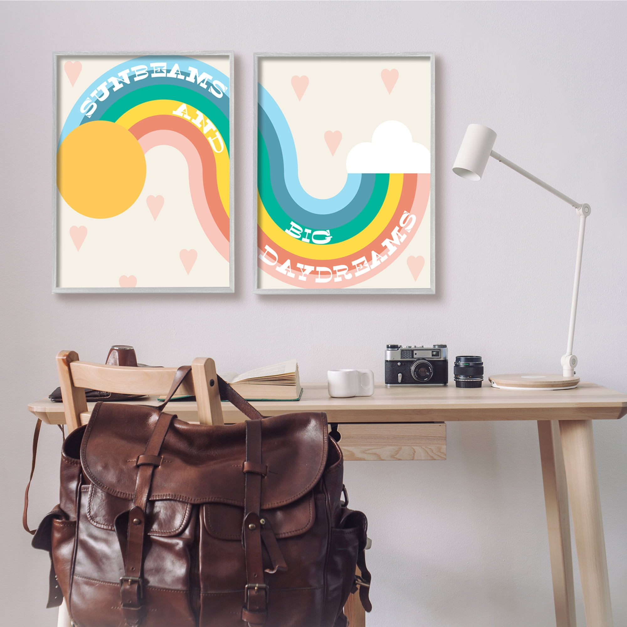 Stupell Industries Rainbow Cloud Daydream Quote Heart Patten Design Graphic Art Gray Framed Art Print Wall Art Set of 2, 24x30, by Daphne Polselli