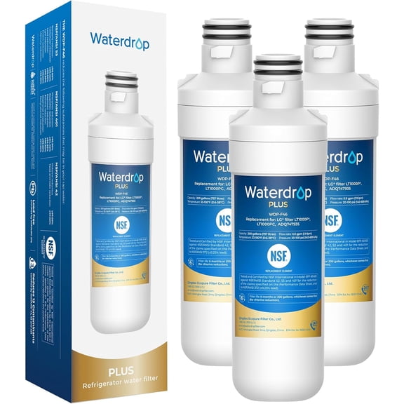 Waterdrop Plus LT1000PC ADQ747935 Refrigerator Water Filter, Reduce PFAS, Replacement for LG® LT1000P®, LT1000PC, ADQ74793501, Kenmore 46-9980, LFXC24796S, LSFXC2496D, 3 Filters (Package May Vary)