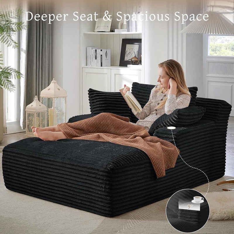 Oversized Chaise Lounge Chair Indoor, Upholstered Sofa Bed Sleeper Sofa Corduroy Cloud Couch Boneless Sofa Reading Chair with 3 Pillows for Living Room, 49.2''x66.1''